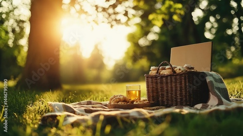 Scenic outdoor picnic basket brimming with treats under golden sunlight.
