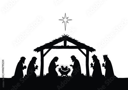Nativity scene silhouette. This image shows a nativity scene with Mary, Joseph, baby Jesus in a manger, and the three wise men under a stable with a star above. Vector clipart illustration design.