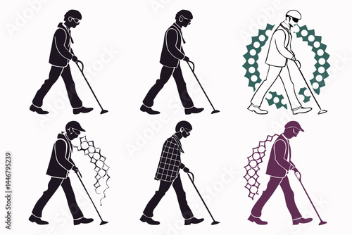 set of Blind Man Walking silhouette vector illustration