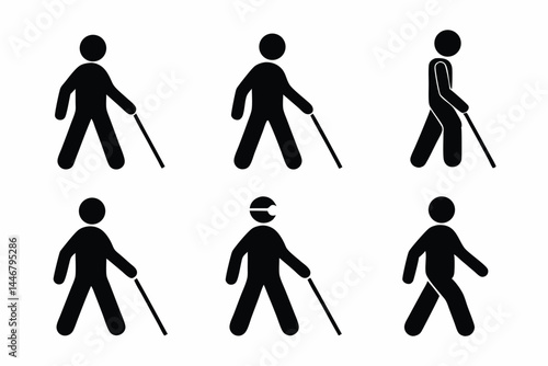 set of Blind Man Walking icon silhouette vector illustration