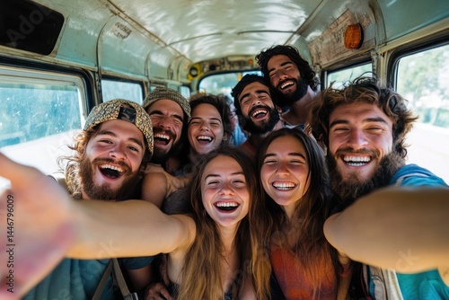 Group selfie inside sightseeing bus with laughter