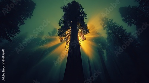 Majestic redwood tree bathed in golden sunlight, silhouetted against a misty forest canopy.