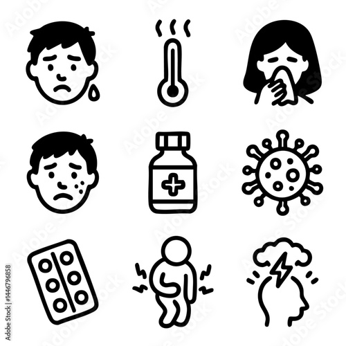 A set of doodle line icons showing health problems and treatment including fever, sneezing, virus, pills, pain, and headache symptoms
