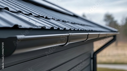Close up of dark gray metal roofing and gutters on a home.