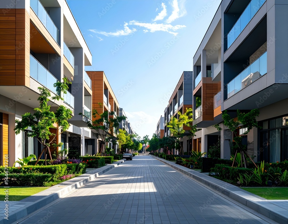 Obraz premium Modern residential street with luxury apartments, landscaping, and a paved road. Sunny day.