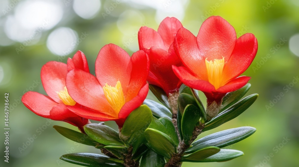 Obraz premium Vibrant Red Flowers with Bright Yellow Centers in Natural Setting