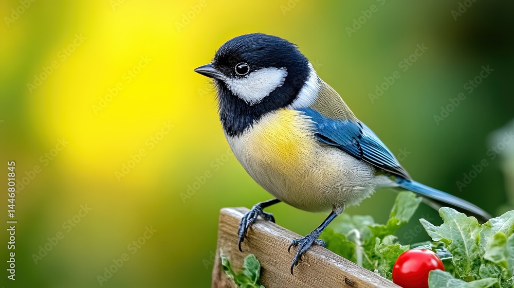 Obraz premium Colorful bird perched on wooden box with fresh vegetables and fruits