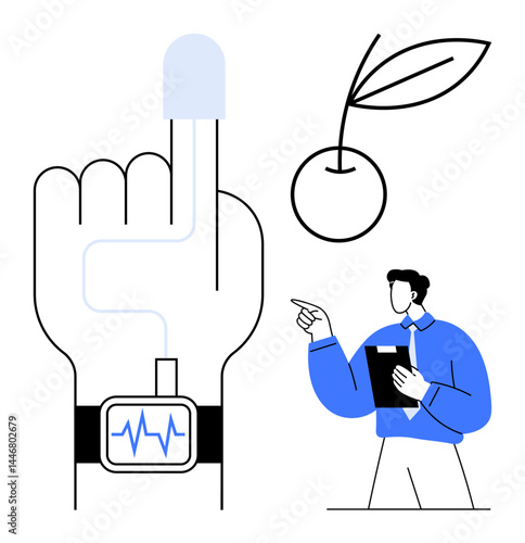 Healthcare professional analyzing data from wearable device tracking nutrition and vitals with a cherry symbol. Ideal for health, fitness, nutrition, technology, wellness, innovation, modern