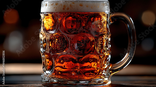 Close-up shot of a large, full mug of golden ale with creamy head, on a wooden surface