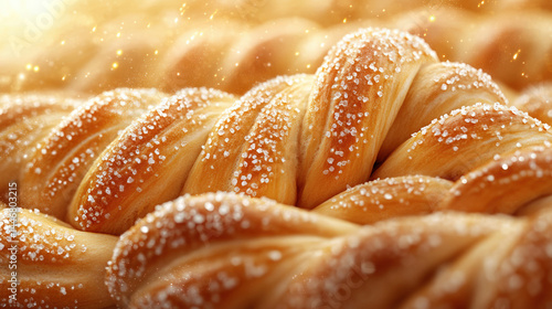 Close-up view of braided pastries, dusted with sugar  Golden-brown, intricate patterns  Freshly baked, artisanal breads