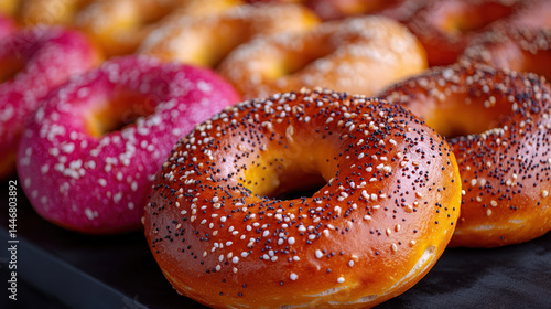 Colorful bagels, close-up view of variety