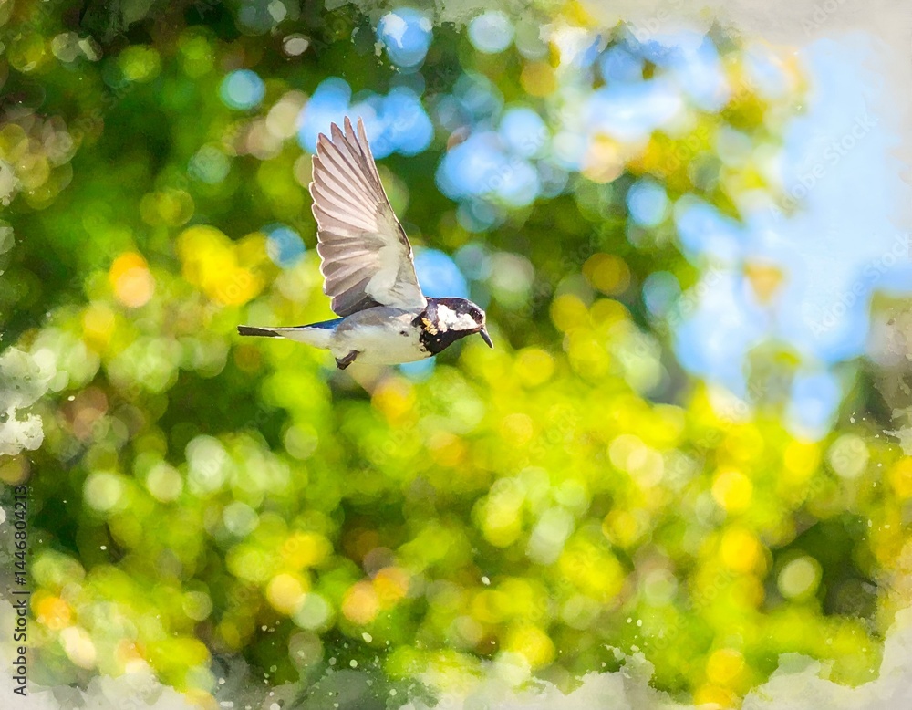 Fototapeta premium Watercolor painting of a bird in flight against a blurred green background. A beautiful, artistic depiction of nature.