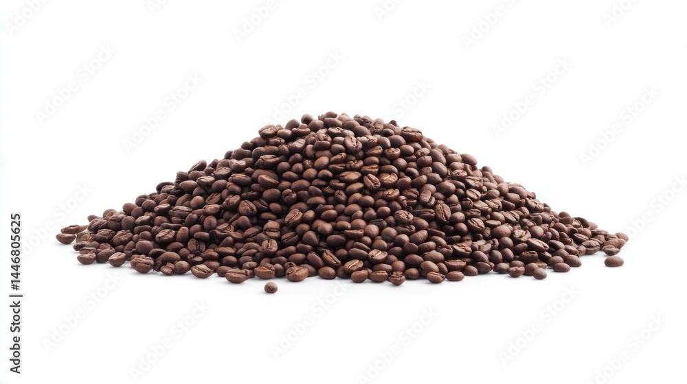 Pile of dark roasted coffee beans. A mound of dark brown coffee beans is centered against a white background. The beans are clustered together Pile of dark roasted coffee beans. A mound of dark brown coffee beans is centered against a white background. The beans are clustered together