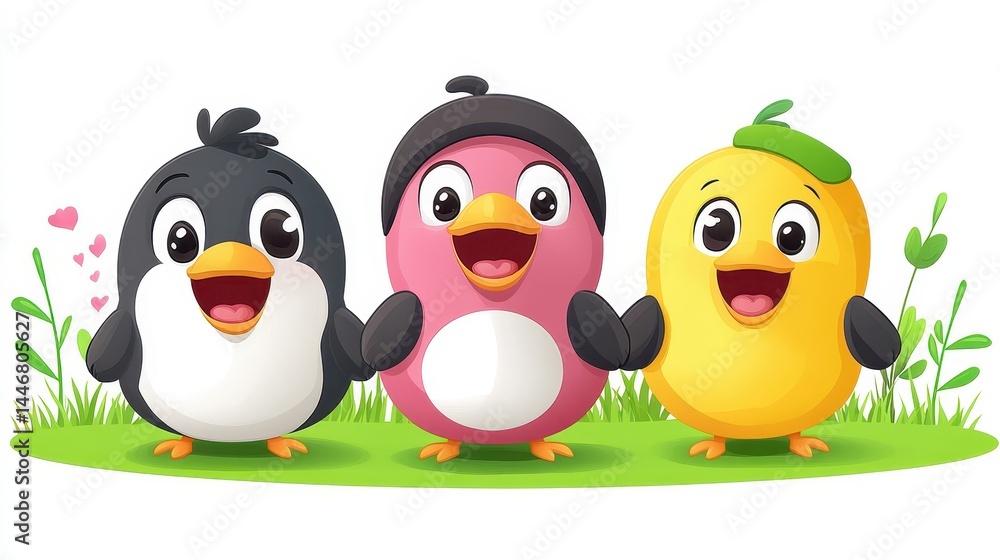 Fototapeta premium Whimsical animated birds in a vibrant colorful illustration embodying friendship and lightheartedness perfect for children's content and playful designs