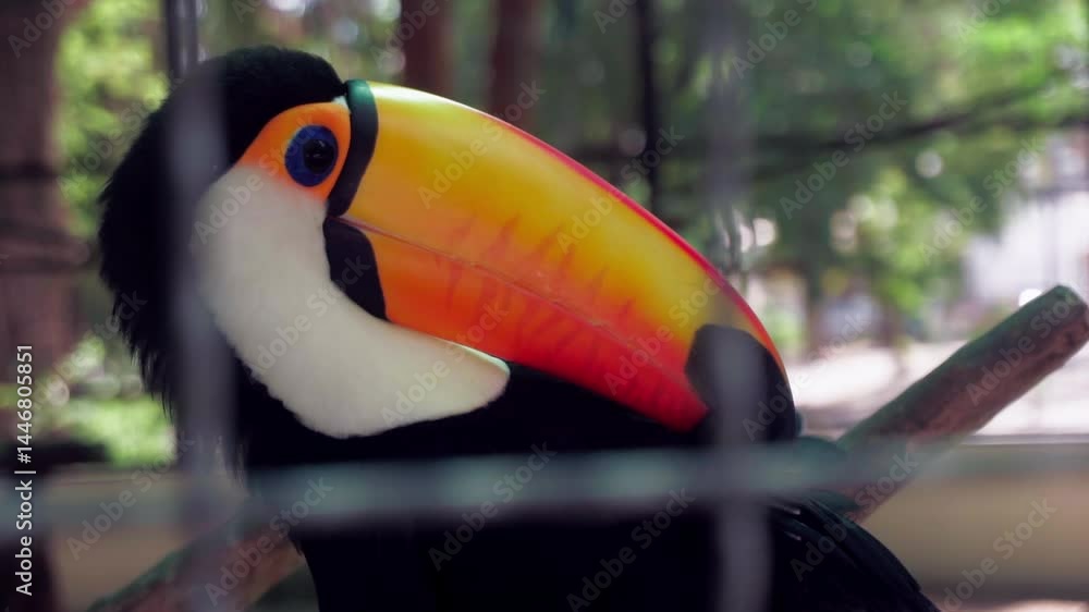 A toucan is seen preening its feathers in slow motion, with its vibrant beak and colorful plumage, captured in a close-up shot inside its enclosure. Recorded at Botânico das Asas in Araruama, Brazil