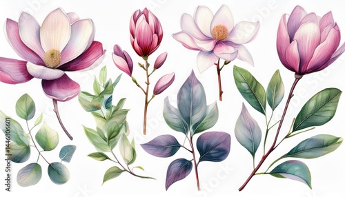 Wallpaper Mural Flowers set with magnolia flowers and eucalyptus leaves. Floral Isolated elements. Watercol Torontodigital.ca