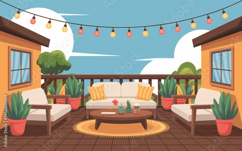 Cozy Outdoor Patio Terrace Design: Summer Evening Relaxation with String Lights, Plants & Furniture