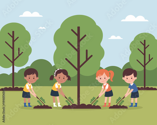Kids Planting Trees: Eco-Friendly Cartoon Illustration
