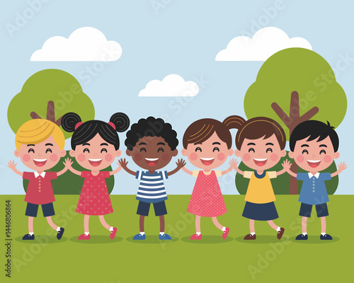 Happy Diverse Kids Playing in Park: Cartoon Illustration, Vector, Children Friendship, Multicultural, Group of Children