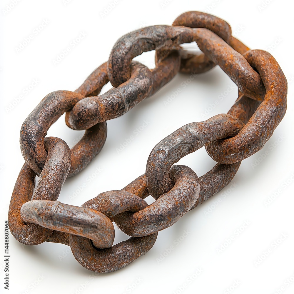 Fototapeta premium Rusty chain links arranged in an oval shape against a white background. The chain shows significant signs of wear and rust, suggesting age and