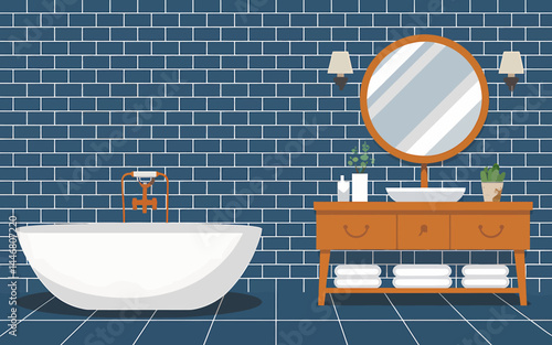 Modern Bathroom Interior Design: Freestanding Tub, Vanity, Blue Brick Wall