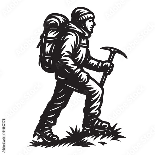 Glacier hiker with ice axe and crampons vector illustration
