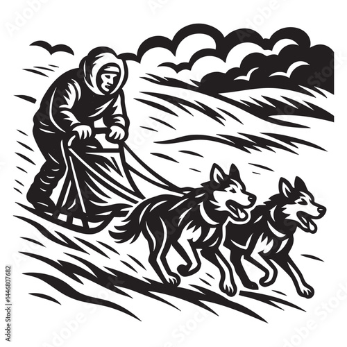 Dog sled team racing across snowy tundra vector illustration