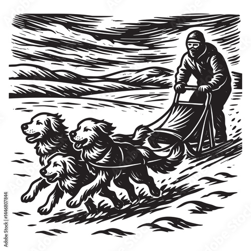 Dog sled team racing across snowy tundra vector illustration