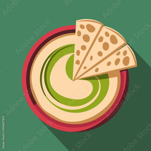 Hummus with Pita Bread: Flat Lay Vector Food Illustration