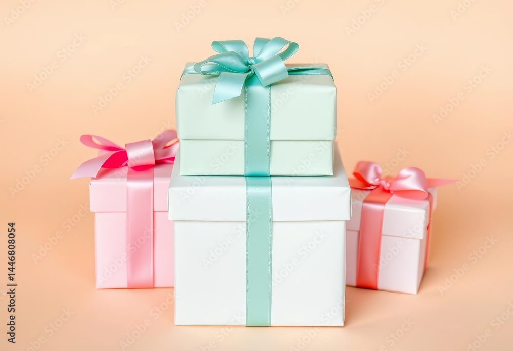 Fototapeta premium Three pastel gift boxes, beautifully wrapped with ribbons and bows, stacked on beige background, beige, presents