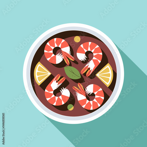 Delicious Shrimp Stew: Flat Lay Vector Illustration of Seafood in a Bowl