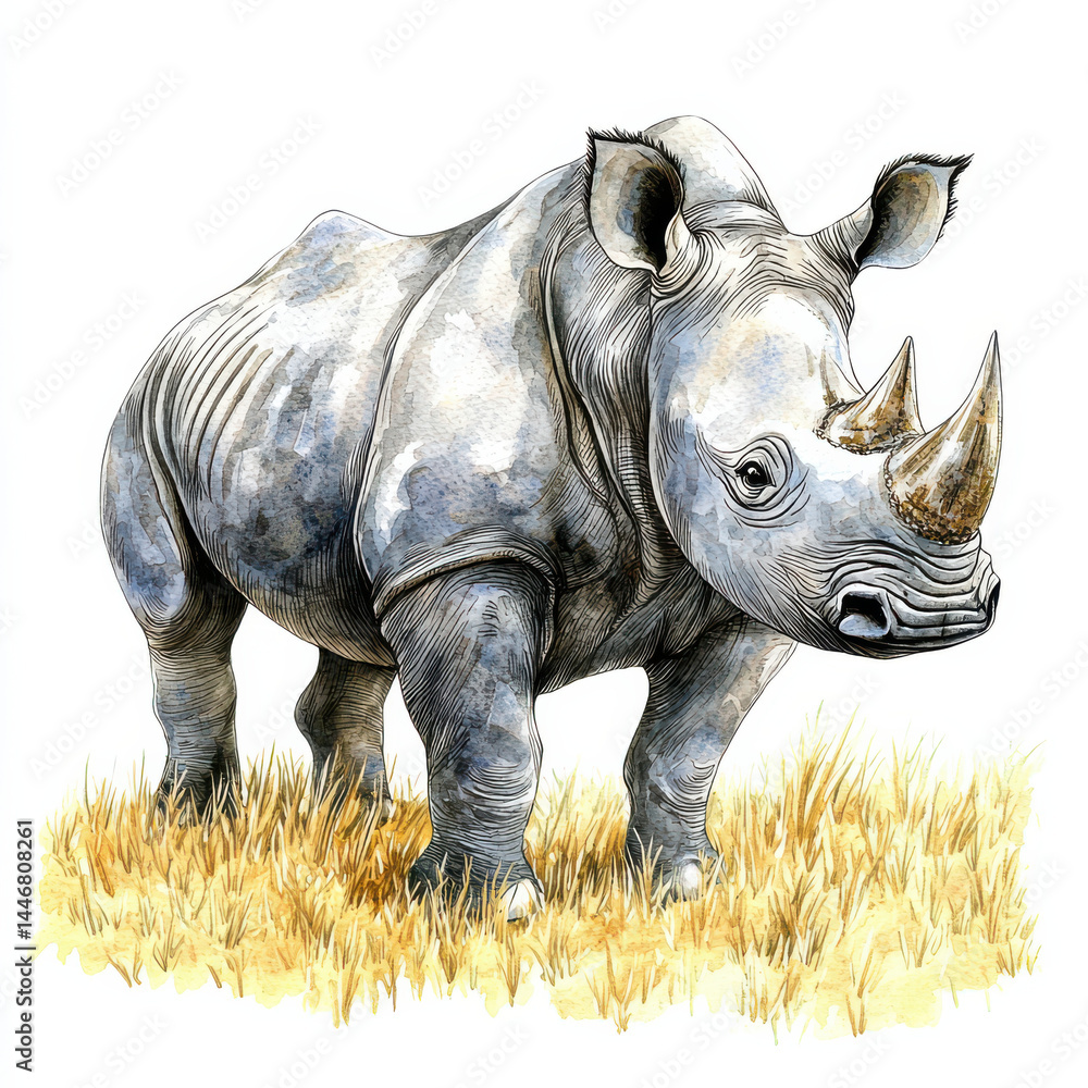 Fototapeta premium Hand drawn watercolor rhinoceros standing in grassland