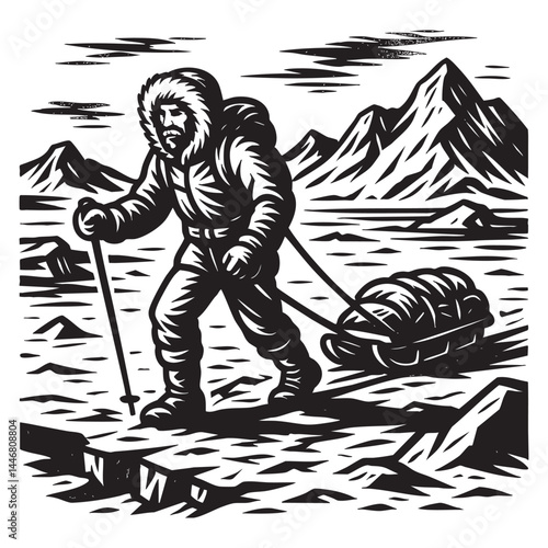 Arctic explorer trekking across ice field with sled vector illustration