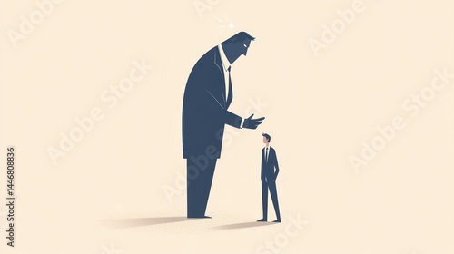 A large, powerful figure reaching down to a smaller, subordinate figure.  The disparity in size emphasizes a power imbalance, possibly in a 