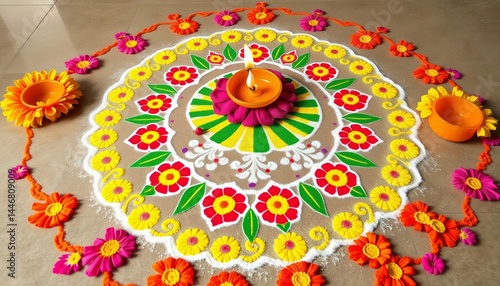 Traditional Ugadi rangoli design with colorful flowers and patterns, rangoli, design