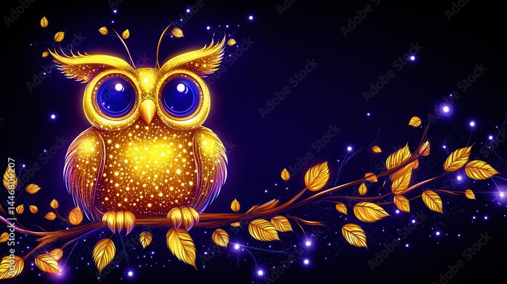 Fototapeta premium Whimsical illustration of a golden owl with bright blue eyes perched on a branch amidst a backdrop of twinkling stars and golden leaves design