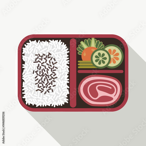 Delicious Bento Box Lunch: Rice, Ham, and Vegetables - Flat Design Illustration