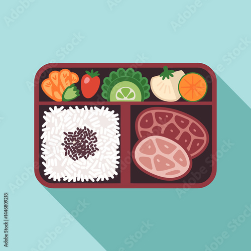 Delicious Bento Box Lunch: Asian Cuisine, Rice, Meat, and Vegetables - Vector Illustration