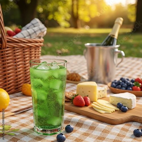 Green grape sparkling drink in a tall glass with crushed ice, picnic setup

