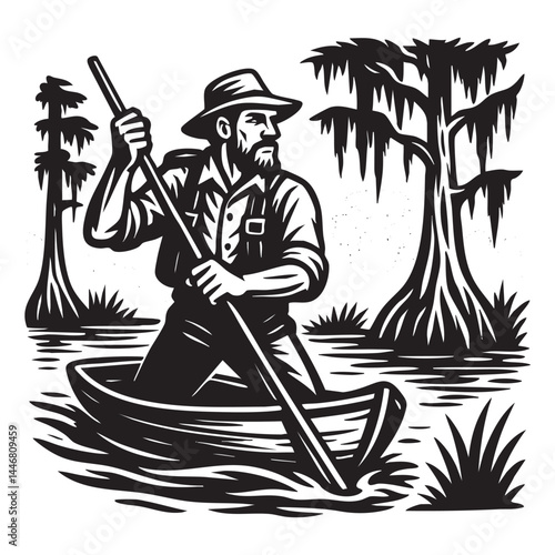 Explorer navigating swamp with pole boat vector illustration