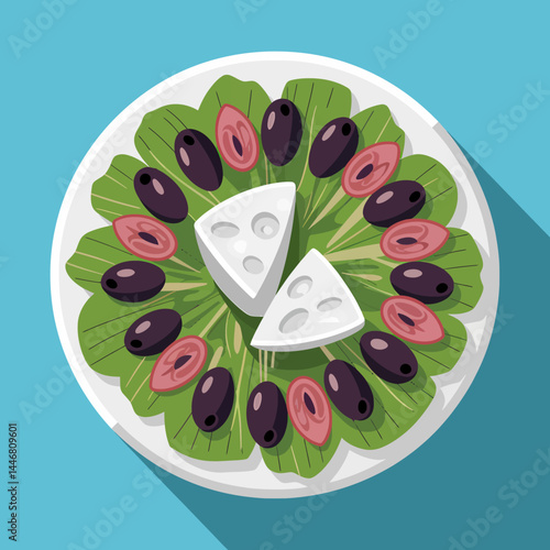 Overhead View of Greek Salad with Feta Cheese and Olives on White Plate