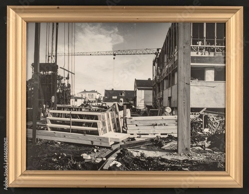 Black and white photo of a construction site, showing a framed image of a building under construction with a crane and worker.
