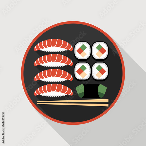 Flat Lay Sushi Platter: Nigiri, Maki, and Wasabi Icon Design
