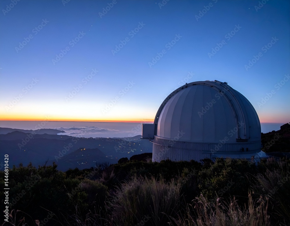 Obraz premium Observatory at Sunset. A majestic observatory silhouetted against a vibrant sunset over a mountain range.