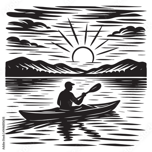 Canoeist paddling on calm lake at sunrise vector illustration