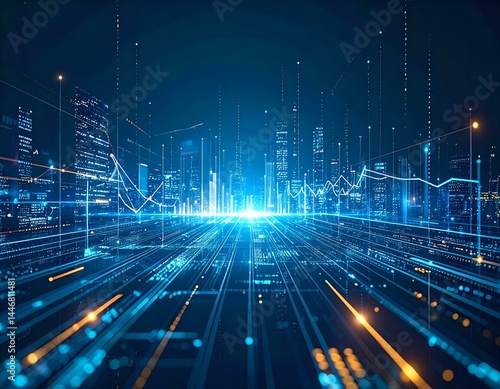 Futuristic cityscape at night with glowing lines and data streams  representing digital transformation and technological progress.