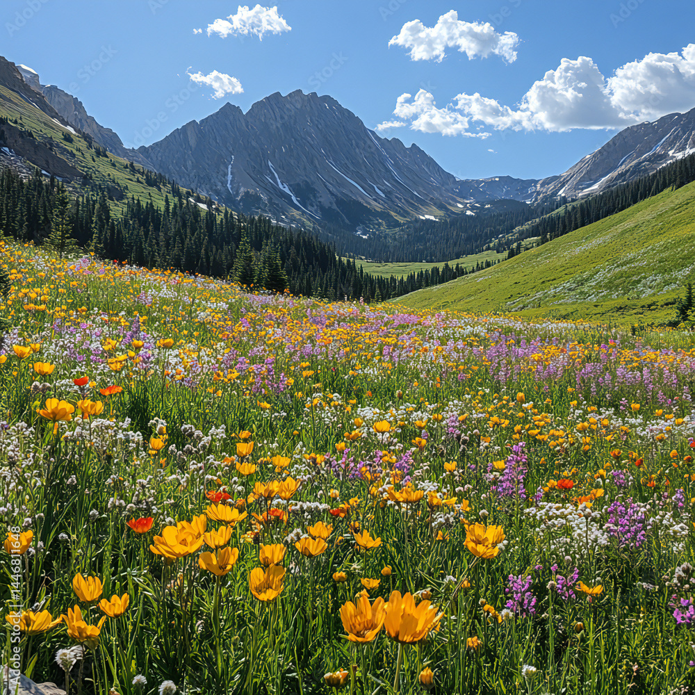 Fototapeta premium A serene meadow at the foot of a mountain, with wildflowers in bloom and clear skies above