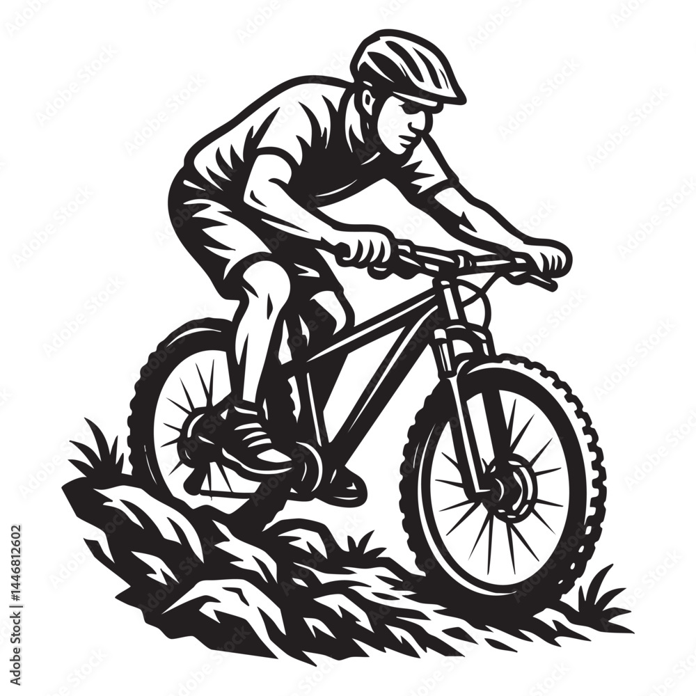 Naklejka premium Mountain biker riding rocky trail vector illustration