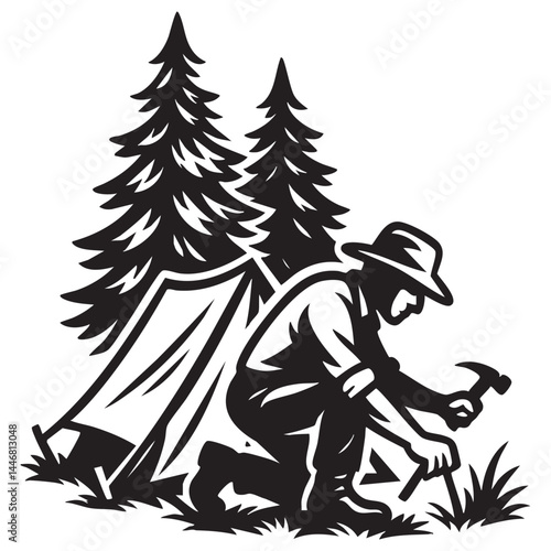 Camper setting up tent under pine trees vector illustration