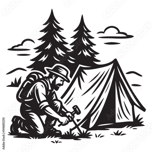 Camper setting up tent under pine trees vector illustration